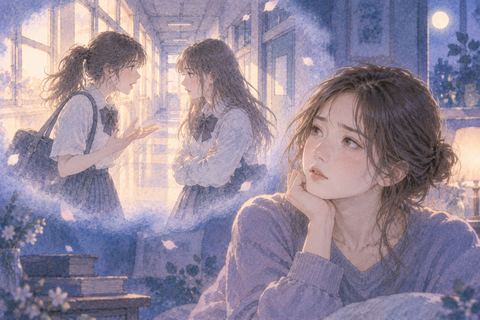 昔の学校の廊下で過去の友達と言い合う夢を見る大人の人物