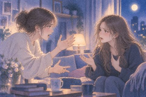 夜の部屋で感情的に大きく言い争う二人の友達の夢