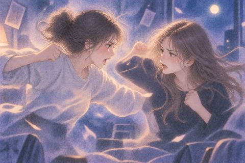 夢の中で強くぶつかり合う二人の友達を象徴的に描いた場面