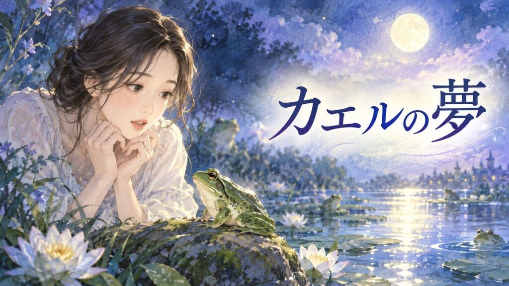 月明かりの水辺でカエルを見つめる大人の女性