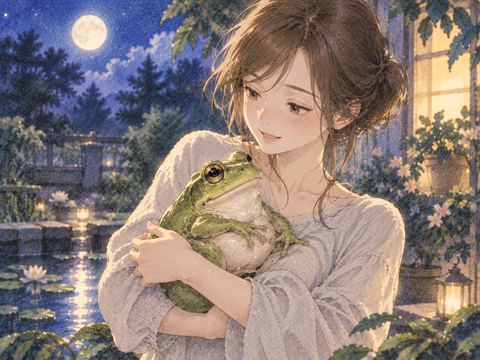 大きなカエルをそっと抱きかかえる女性