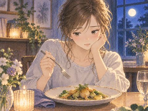 夜の食卓に置かれたカエル料理を前にする女性