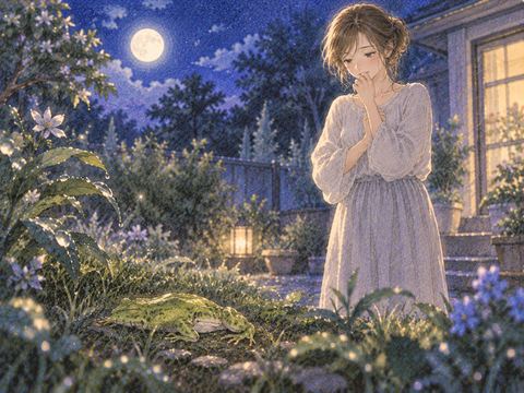 動かなくなったカエルを前に立ち尽くす女性