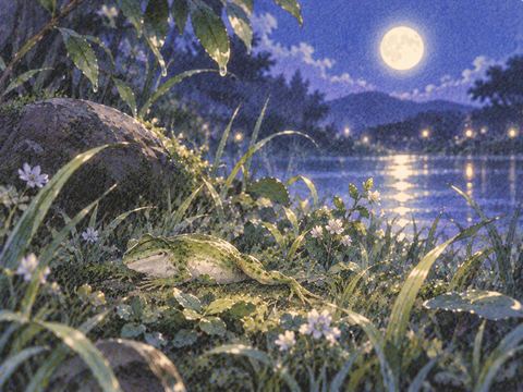 月明かりの草むらに静かに横たわるカエル
