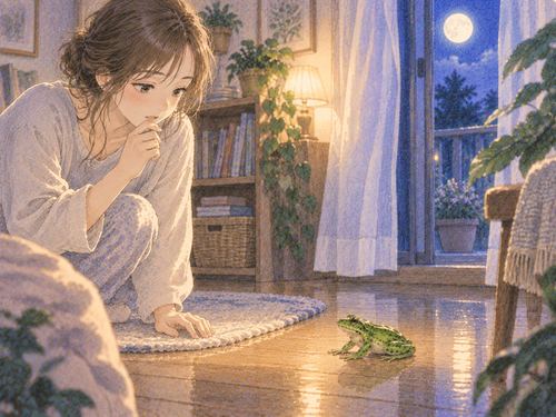 夜の部屋の床にいる一匹のカエル