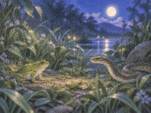 夜の草むらで向き合うカエルと蛇