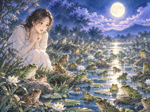 夜の水辺にたくさん集まったカエル