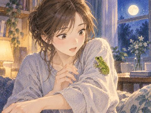 女性の袖にくっついた小さなカエル