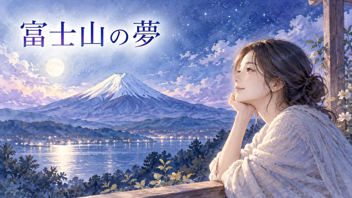 夜空の富士山を静かに見つめる大人の女性