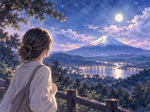 夜空の向こうに富士山を見つける人物