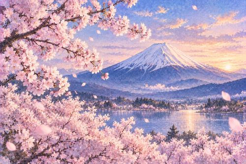 満開の桜越しに見える富士山