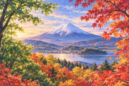 緑と紅葉の木々の向こうに見える富士山