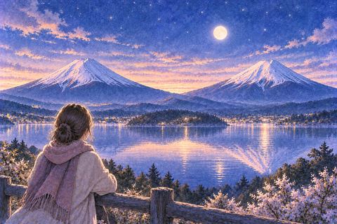 夜空の下に二つ並んで見える富士山