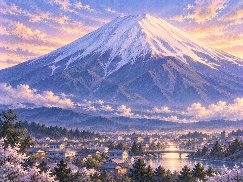 街の背後に巨大にそびえる富士山