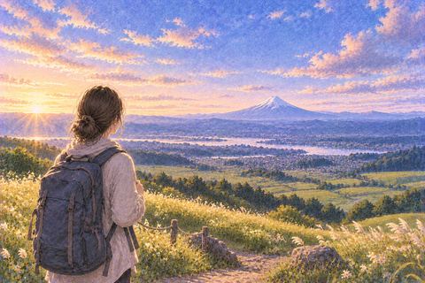 広い景色の遠方に小さく見える富士山