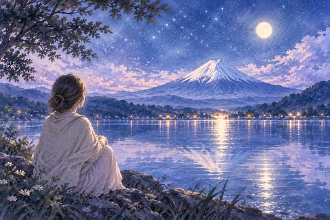 湖畔から富士山をゆっくり眺める人物