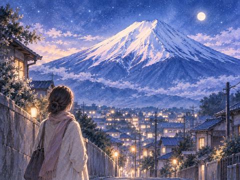街のすぐ向こうに大きく見える富士山