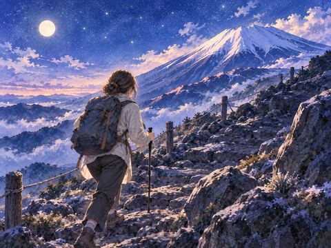 富士山の斜面を頂上へ向かって登る人物