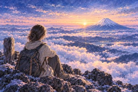 富士山の頂上から広い景色を眺める人物
