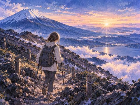 富士山の登山道を穏やかに下る人物