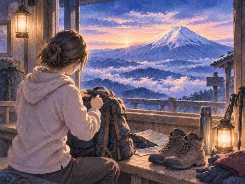富士山を前に登山の荷物を準備する人物