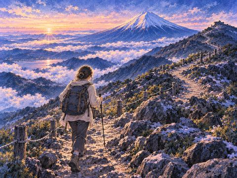 富士山へ続く曲がりくねった山道を歩く人物
