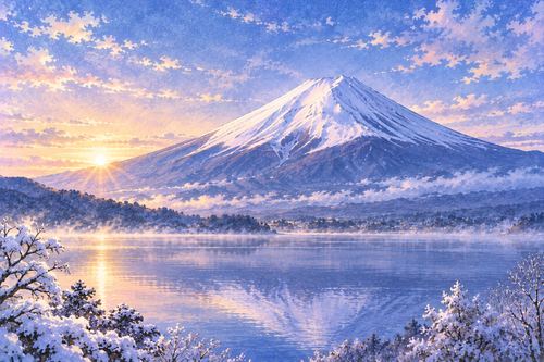 白い雪をかぶり静かにそびえる富士山