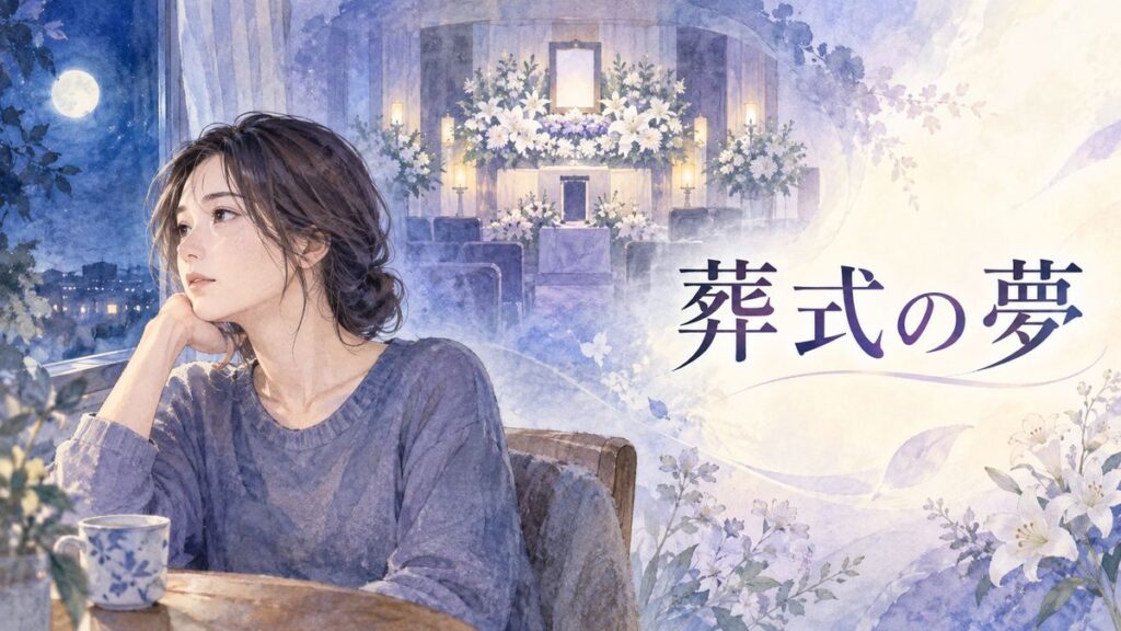 夜の窓辺で物思いにふける女性と夢の中の静かな葬儀場