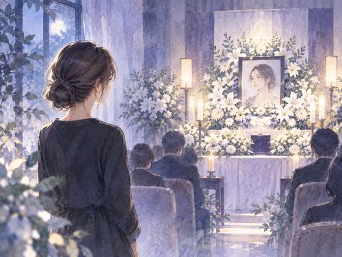 自分の遺影がある静かな葬儀場を少し離れて見つめる女性