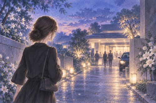 夜道を葬儀場へ向かって歩く女性