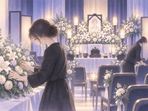 白い花や椅子を整えて葬式の準備をする女性