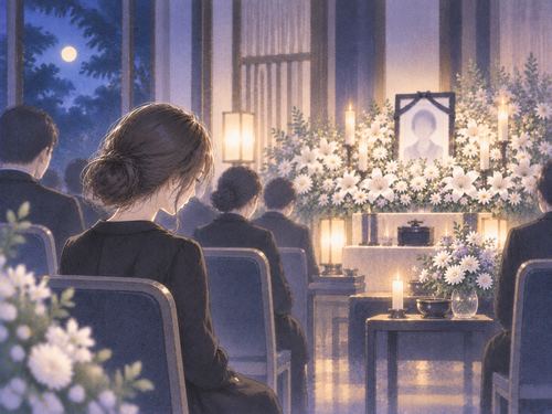 夜の通夜の席で静かに座る女性と淡い祭壇の灯り