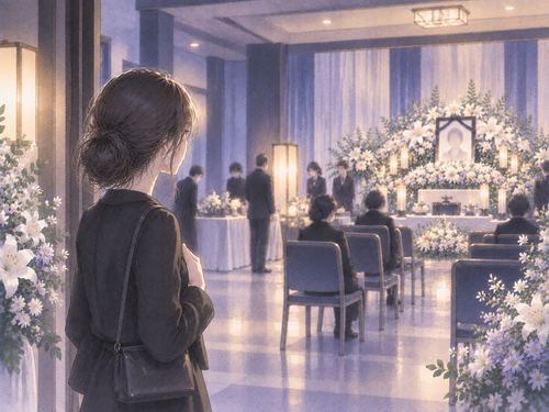 静かな葬儀場で周囲を見渡す女性