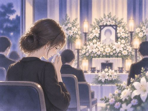 葬儀場で静かに涙を流す女性
