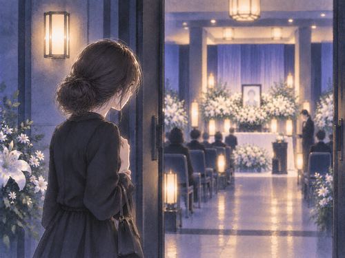 薄暗い葬儀場の入口で不安そうに立つ女性