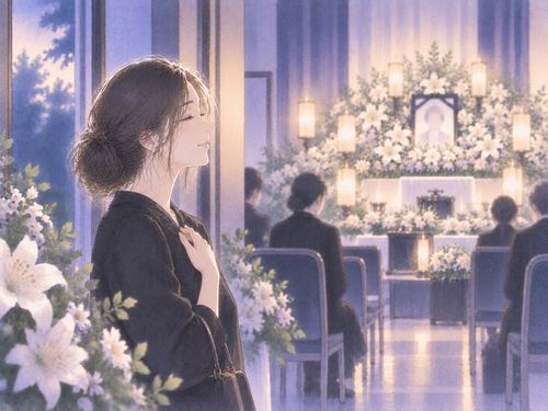 葬儀場で静かに息をつき穏やかな表情をする女性