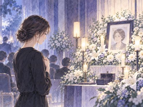 親の遺影と白い花の祭壇を静かに見つめる大人の女性