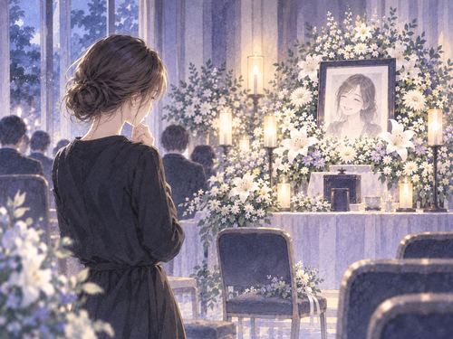 友人の遺影がある祭壇を静かに見つめる女性