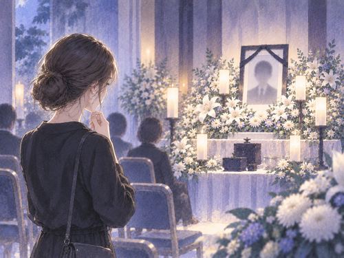 顔のはっきりしない遺影がある葬儀場を見つめる女性