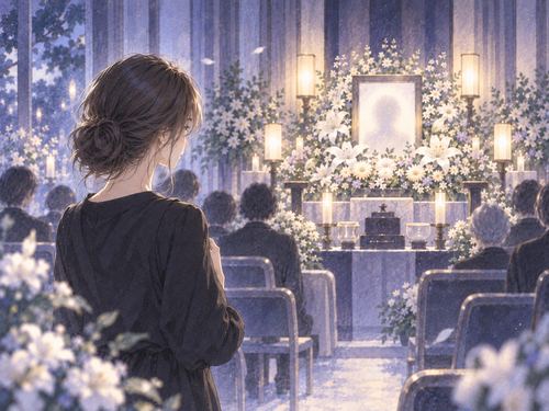 故人の姿がわからない祭壇と参列席を見つめる女性
