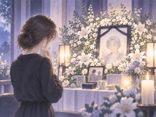 祖母を思わせる遺影と小さな思い出の品を見つめる女性