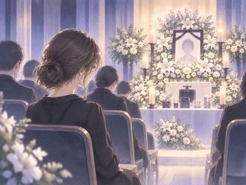 静かな葬儀場の席に座って参列する女性