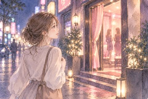夜の風俗店へ歩いて向かう女性