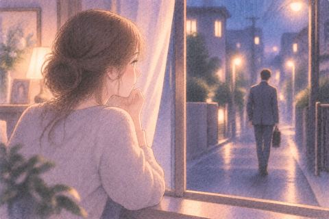夫の外出を寂しそうに見送る女性