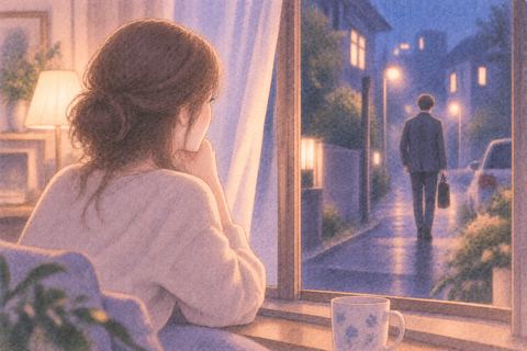 恋人の外出を穏やかに見送る女性