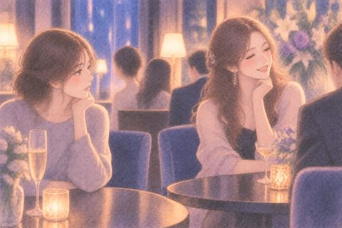 華やかな女性を静かに見つめる大人の女性