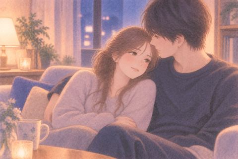 柔らかな灯りの部屋で寄り添う二人