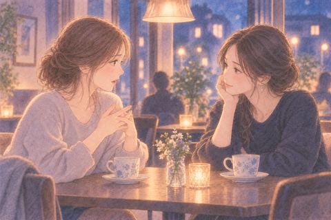 店内で向かい合って話す二人の女性
