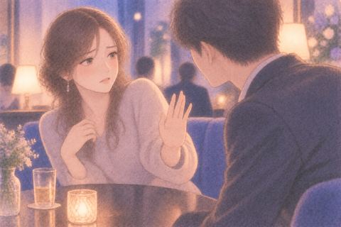 店内で困った表情を見せる女性