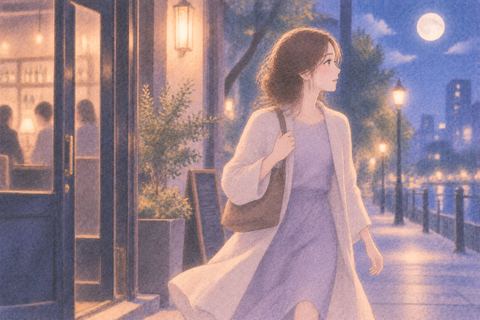 店を離れて明るい夜道へ向かう女性
